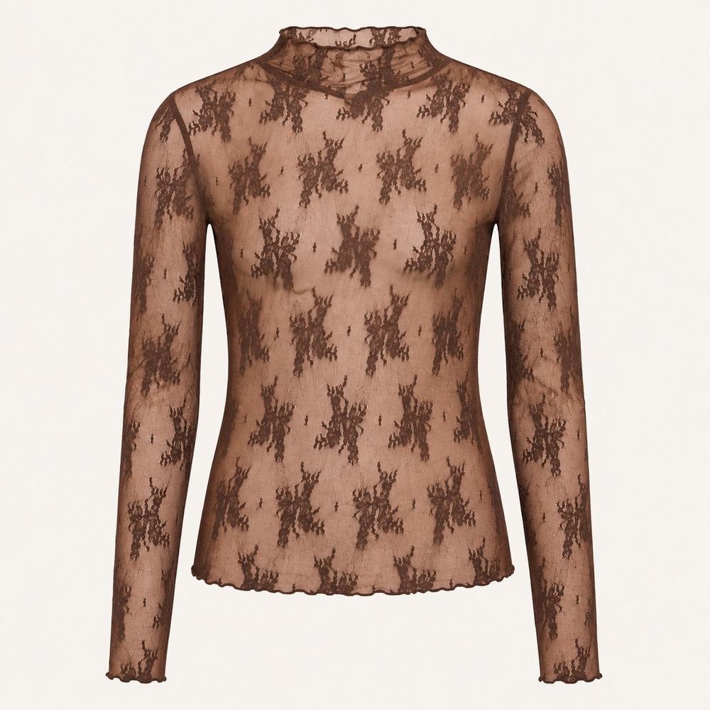 B 198. New ZENANA Women Brown Sheer Floral Lace Mock Neck Long Sleeve Top